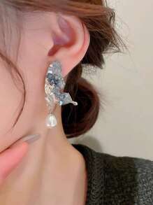 2pcs Fashionable Druzy Blue Crystal Butterfly Pearl Stud Earrings, Suitable For Women's Daily, Travel, Banquet, Party Wear