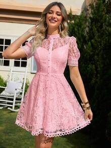 Simplee Vestido corto elegante de mujer con mangas abullonadas de encaje, abotonadura sencilla y ribete de volantes, adecuado para invitada de boda, fiesta, graduación, cumpleaños en color rosa - Rosa - Ver 5