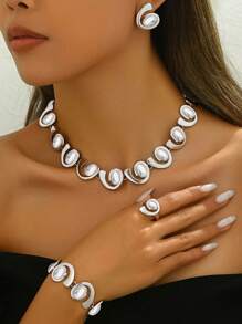 4Pcs Women Jewelry Set, Featuring Asymmetrical Spiral Shapes Embedded With Black Rhinestones, Classic Necklace, Bracelet, Earrings And Ring Combo. Versatile For Daily, Party And Occasion Wear. Suitable As Gift For Loved Ones And Friends.