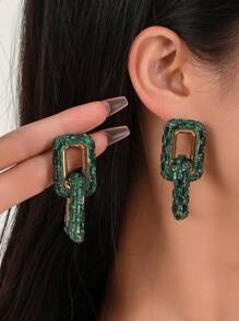 1 对女士新款镂空闪亮水钻几何个性吊坠耳环 - 綠色 - 查看 1