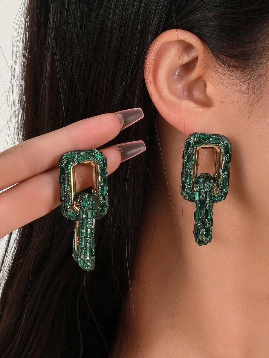 1 对女士新款镂空闪亮水钻几何个性吊坠耳环 - 綠色 - 查看 1