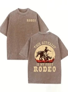 RODEO, This Is Actually My First Time Participating In A Cowboy Competition Performance. The Fashionable Western Cowboy Pattern Printed 230g Washed Cotton T-Shirt Is A Men's Summer High-Quality Printed Cotton Retro Fashion Retro Brand Loose, Soft And Comfortable Casual Multi-Color T-Shirt, Suitable For Outdoor Wear In Summer, With A Certain Thickness. It Is A Daily Wear And Gift For Friends, As Well As A Return To School Gift - Cà phê nâu - Xem 1