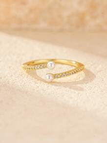 1pc Small Pearl Micro CZ Gold Bypass Ring, Dainty Cubic Zirconia Pearls Bypass Open Adjustable Rings For Women Gold Jewelry