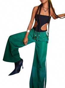Women Y2k Track Pants Baggy Striped Joggers Sweatpants Elastic Waist Color Block Parachute Pants With Pockets - màu xanh lá - Xem 5