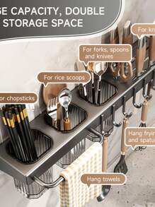 Wall-Mounted Knife Rack With Multi-Functional Kitchen Utensil Organizer, Hole-Free Installation, Integrated Tool Storage For Chopsticks And Knives.