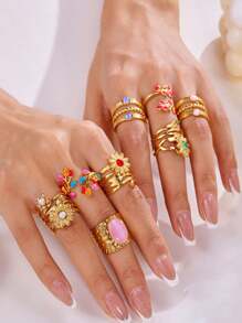 1 pieza Anillo de mujer de acero inoxidable con incrustaciones de strass en color mezclado, de estilo exagerado y con diseño de goteo. Se puede ajustar. Adecuado para uso diario y casual, así como para fiestas y regalos.