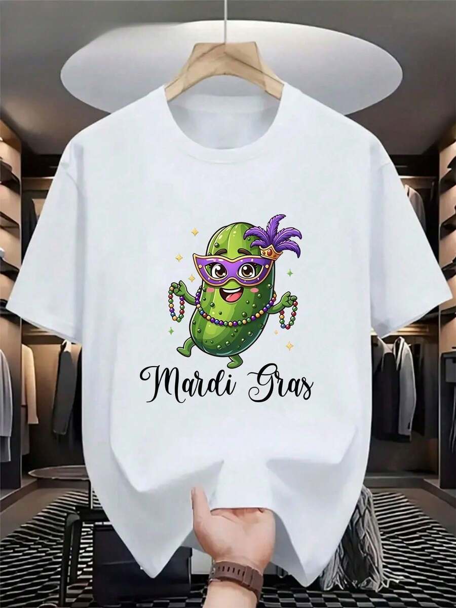 Camiseta Gráfica Con Estampado Gráfico Retro " Carnaval Mardi Gras " Para Hombre Camiseta Informal De Verano De Tela Transpirable, Camiseta Informal De Manga Corta Con Cuello Redondo De 220 G, Camiseta 100% Algodón Engrosada - Blanco - Ver 1