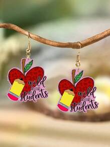 1 Pair Unique Acrylic Pencil & Bowknot Design Earrings, Creative Leopard, Cow Print, Plaid Pattern Drops For Graduation, Back-To-School, Teacher's Day, Please Remove Protective Film Before Use