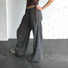 Women's Casual Y2K Plaid Pants Mid Rise Wide Leg Trousers Elastic Waist Baggy Loose Lounge Long Pants Streetwear For Daily - 灰色 - 查看 6