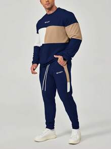 Men's Spring And Autumn Casual Two-Piece Set, Comparing Long Sleeved Sportswear And Drawstring Pants, Breathable And Comfortable - màu xanh hải quân - Xem 4