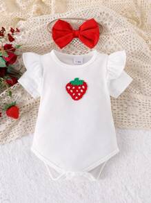 2pcs/Set Cute Fruit Print Baby Girls Short Sleeve Bodysuit + Shorts Outfit, Lightweight Summer - Red and White - View 4