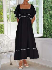 PoPoHouse Women's Dress Summer Vacation Casual Color Contrast Skirt With Ruffled Puffy Sleeves
