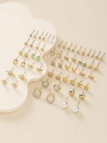 30pcs/Set Fashion Metal Butterfly, Letter, Heart, Flower, Bow, Rhinestone & Faux Pearl Earrings Jewelry For Women, Daily Use Multi-Piece Gift Set