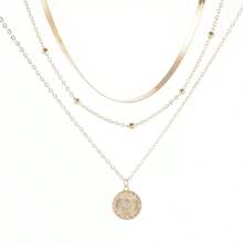 Flat Snake Chain Round Disc 3-Layer Necklace For Women (Random Bead Quantity, Standard Fixed Length) - Silver - View 4