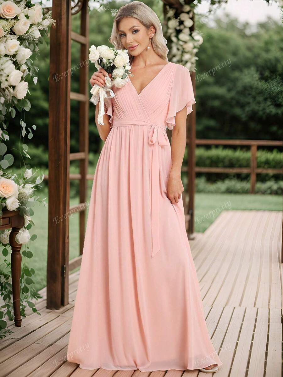 EVER-PRETTY Vestido de dama de honor de gasa rosa elegante con escote en V, manga mariposa y espalda con lazo, para invitada de boda