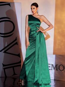Vestido de noche largo con un hombro, volantes y abertura lateral, de satén verde para mujer - Verde - Ver 3