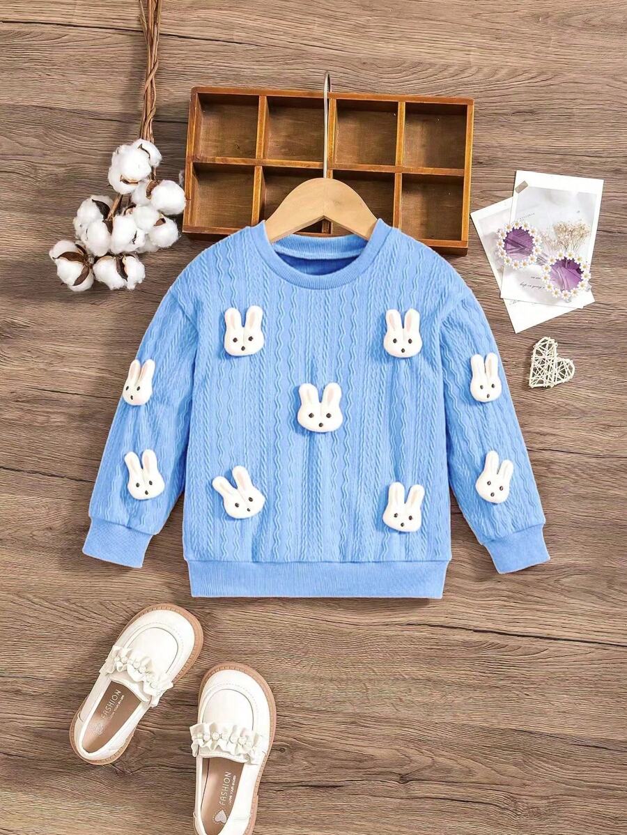 Young Girl Knitted Textured Crew Neck Long Sleeve Sweatshirt + Cute Rabbit Decor, Spring/Autumn/Winter - Blue - View 1