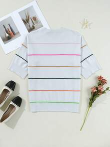 Fiyote Summer Multicolored Striped Dropped Shoulder 3/4 Sleeve Loose Casual Sweater - Baby Blue - View 6