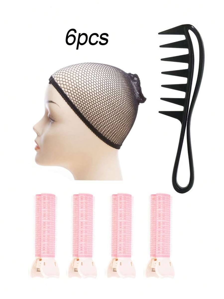 Value Pack: 1pc 2-Way Wig Cap + 1pc Wide-Tooth Comb Brush For Wavy Wig + 4pcs Invisible Volumizing Hair Clips For Bangs, Wig Accessories, Hair Brush, Comb, Hair Tools, Hair Products And Accessories For Barber Salon Beauty Travel Essentials - Multicolor - View 1