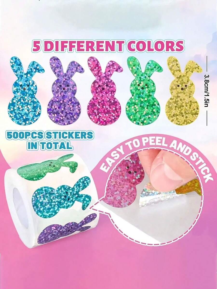 500 Pieces Easter Bunny Stickers - Colorful Laser Cut Bunny Stickers, 5 Glitter Colors, Self-Adhesive Closure Labels For Envelopes, Journals And Party Favors, Easter Supplies, School Supplies