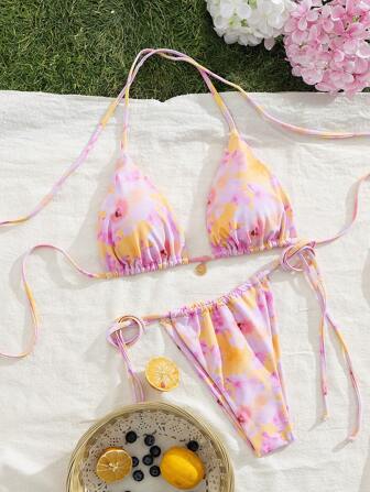 女士印花露背系带性感比基尼泳衣套装，夏季海滩