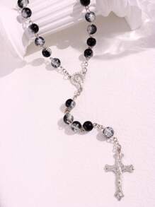 1 pieza Collar con cuentas de diseño agrietado minimalista de moda con colgante de cruz, joyería de cuentas de oración musulmana versátil, regalo para hombres en festividades