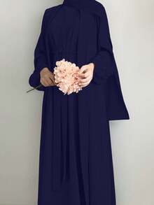 女士纯色舒适休闲宽松开衫+无袖长袍两件套，含腰带的阿巴雅长袍 - 不含头巾，春季快速发货 - 藏蓝色 - 查看 4