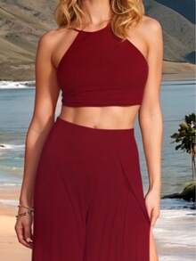 Conjunto Playero de Dos Piezas con Abertura en Pierna Sexy de Moda para Mujer - Rojo violeta - Ver 2