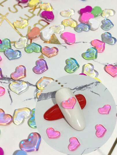 50Pcs/Bag 6*8mm 3D Love Nail Art Accessories Diy Art Design,Aurora Mocha Heart Blue White Pink Purple Champagne Color Resin Heart Nail Decoration Multiple Colors Mixed, For Nail Art Design Jewelry, Coffin Nails, French Almond Nails, Long And Short Nails, Oval Nails, Square Nails, Jewelry Crafts Design, Graduation Cap Design, DIY Mobile Phone Case Decoration,