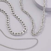 3pcs Fashion Punk Style Multi-Layer Metal Necklaces, Suitable For Everyday Wear - Silver - View 3