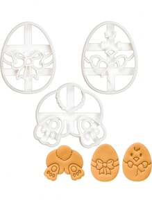 复活节饼干切具套装、复活节曲奇饼干切具、塑料糕点压模、兔子和小鸡形状、春季假日烘焙工具（图案：兔子屁股、复活节彩蛋和小鸡）