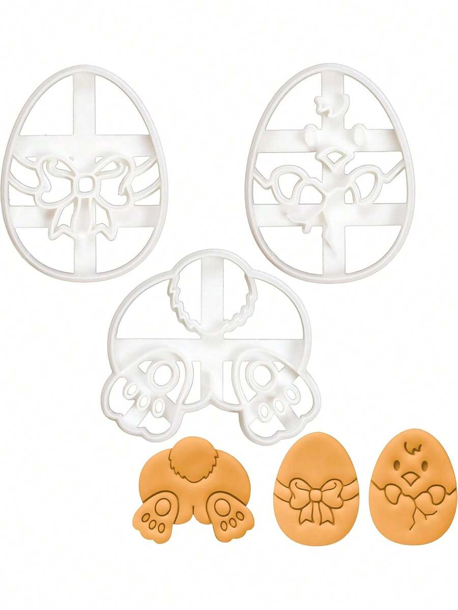 复活节饼干切具套装、复活节曲奇饼干切具、塑料糕点压模、兔子和小鸡形状、春季假日烘焙工具（图案：兔子屁股、复活节彩蛋和小鸡）