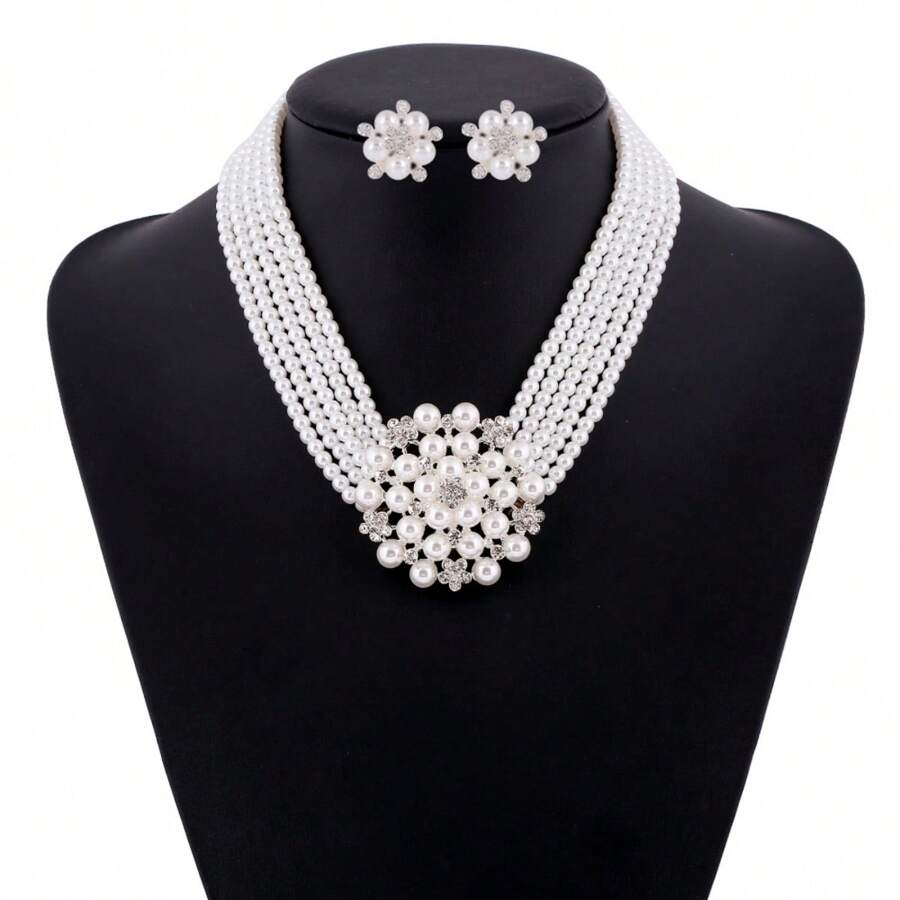 3pcs Set Elegant Rhinestone Flower & Pearl Necklace And Earrings Jewelry Set - White - View 1