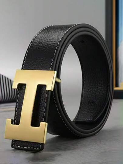 1pc Men's Leather Belt, Lychee Grain Smooth Buckle, H-Shaped Buckle, Fashion Casual Versatile Waist Belt
