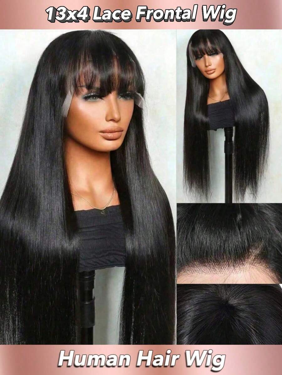 13x4 Lace Front Wig With Bangs Real Human Hair, Silky Straight 180% Density Lace Frontal Wigs With French Fringe Bangs, Baby Hair Pre Plucked Natural Hairline Wig Natural Black Color 16-32 INCH, Elegant Airy Fringe Lace Wigs With Bangs, Perfect For Graduation, Anniversary, Holiday Wear Occasions - SNatural - Xem 1