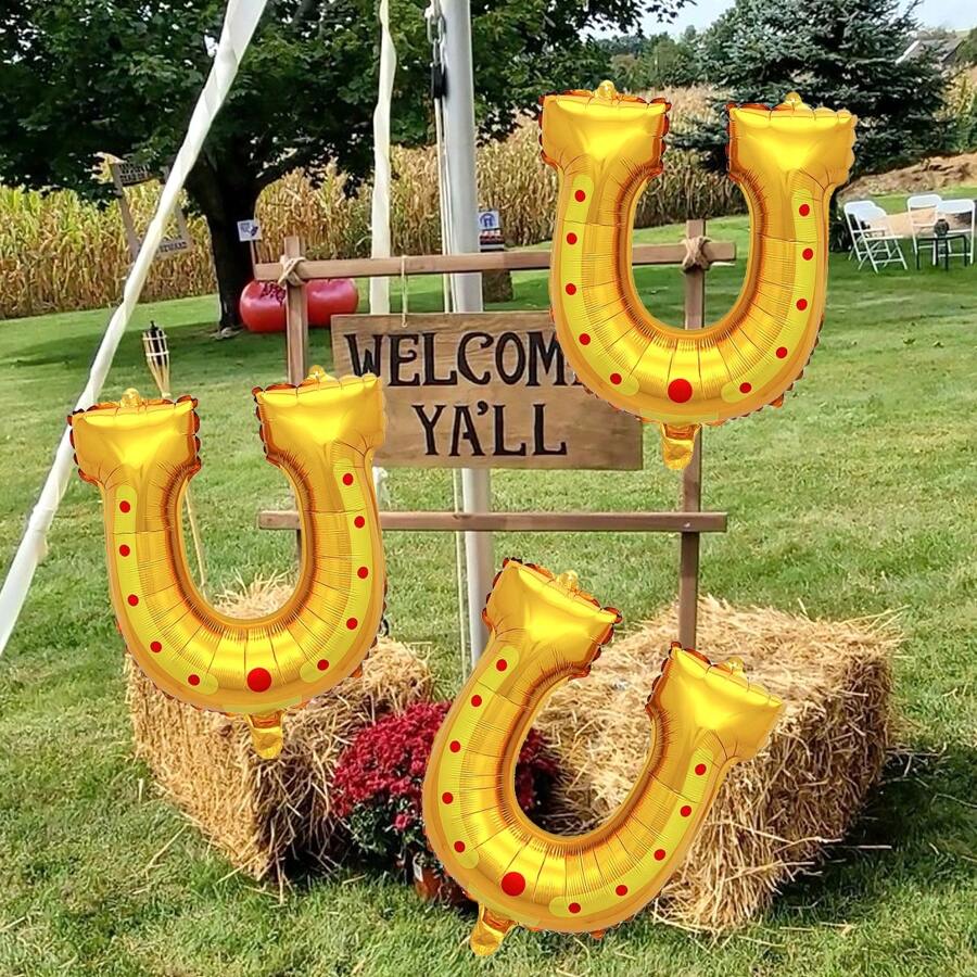 2/4/6pcs Western Gold Horseshoe Shaped Foil Balloon Set, Suitable For Bachelor Party Decor, Wild West Theme Birthday, Western Theme Party, Horse Racing, Animal Theme Party, Last Rodeo, Cowboy Party - Multicolor - View 1