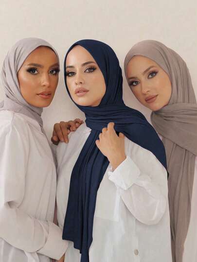 3 件套针织头巾套装，经典纯色丝质 170*60 厘米长围巾/即时头套/肩披组合，适合日常休闲穿着、外出和送礼