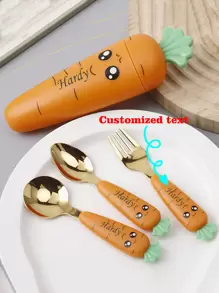 Customizable Text Carrot-Shaped Stainless Steel Baby Fork And Spoon Set, Toddler Feeding Utensils With Cute Carrot-Shaped Portable Storage Container - Multicolor - View 1