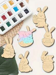 12pcs Easter Rabbit & Egg Wooden Hanging Decoration Set - DIY Craft Kit With Jute Ropes, Colored Blank Wood Pieces, Suitable For Holiday Home And Party Decor