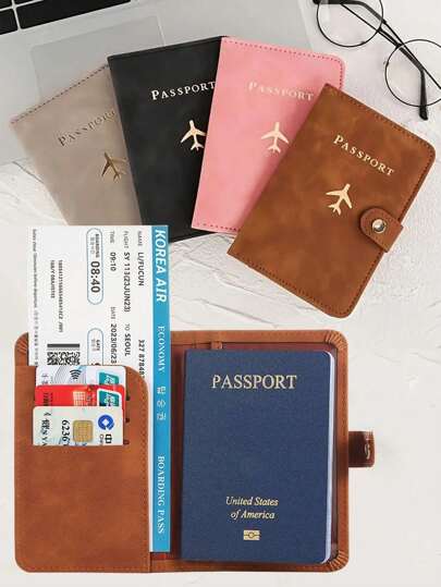 Multi-Card PU Passport Holder - Snap Closure, Faux Leather Lining, Airplane Pattern Passport Case, Minimalist Travel Accessory - Convenient Document Storage And Travel Items, Holiday Supplies Travel Stuff Travel Organiser Travel Items Travel Wallet Passport Holder Passport Wallet Beach Vacation Bag Summer Christmas Vacation