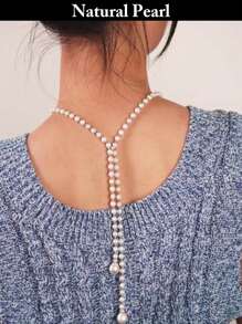 1pc Fashionable Long Faux Pearl Necklace, White & Gray Natural Freshwater Pearl Necklace, Stylish & Versatile For Daily Wear, Holiday Gift - White - View 4