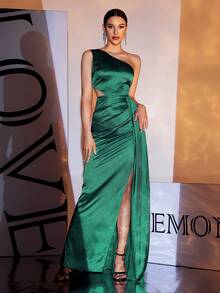 Vestido de noche largo con un hombro, volantes y abertura lateral, de satén verde para mujer - Verde - Ver 2