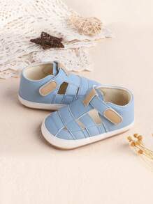1 Pair Boys' Solid Color PU Hollow Hook And Loop Flat Design Casual Versatile Sandals, Suitable For Summer - Mint Blue - View 4