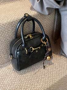Vintage Black Handbag For Women, Tote Bowling Bag Style, New Fashion , Adjustable Strap Design, Casual Shoulder Crossbody Bag, Knot Decor, Suitable For Mobile Phone & Coins, Valentine's Day Gift - 黑色 - 查看 3
