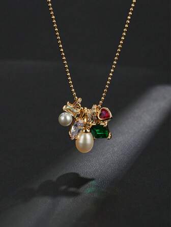 1pc Colorful Zirconia & Faux Pearl Necklace, Women's Simple & Jewelry Gift