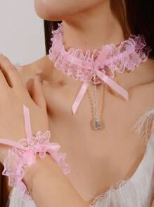 2 Pieces Set Fashion Pink Lace Flower Bow Rhinestone Zirconia Tiara Set For Wedding, Bridesmaids, Bride, Cosplay Lolita Accessories Including Necklace And Bracelet - Pink - View 1