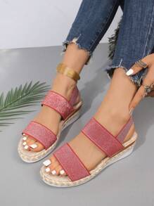 棕色中跟运动凉鞋，女士软底轻便休闲新款厚底凉鞋，配松紧带，红色女士凉鞋，配黑色系带 - 紅色 - 查看 3