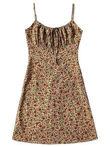 Women's Floral Dress Low Square Neck Spaghetti Strap Tie One Piece Dress 90's Y2K Sunny Dresses - 黃色 - 查看 2
