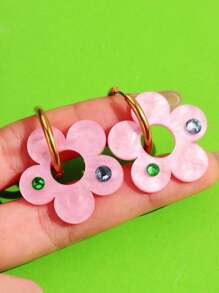 One Pair Of Alloy Acrylic Earrings With Detachable Transparent Pink Flower Pendant Hoop Earrings With Rhinestone, Fashionable And Sweet Design For Women, Suitable For Wearing During Seaside Travel Vacation. Valentines,Mom,Mother,Mother's Day,Gift
