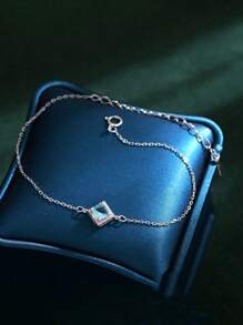 1pc S925 Sterling Silver Square Cubic Zirconia Geometric Women Bracelet, Fashionable & Elegant Everyday Jewelry - Silver - View 2